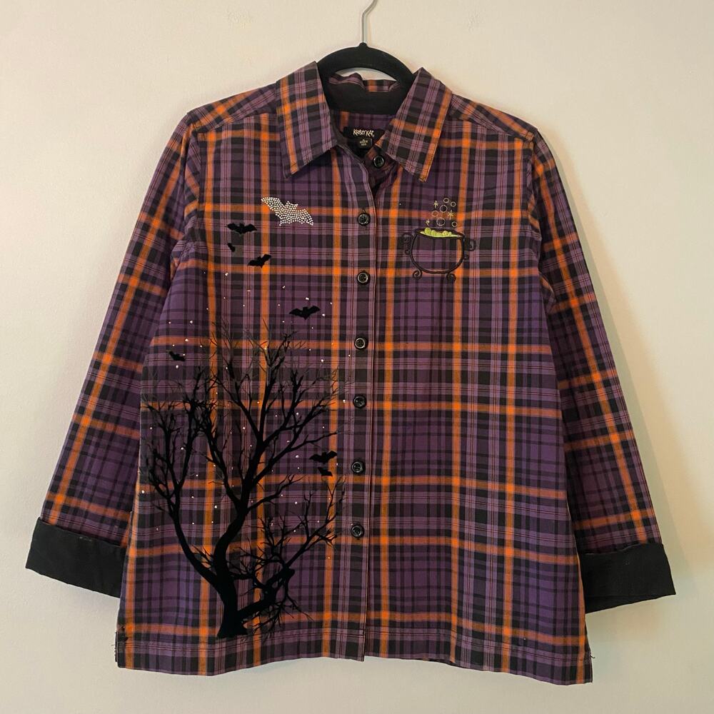 Krazy Kat Purple Orange Black Plaid Halloween Button Down Shirt Teacher Small